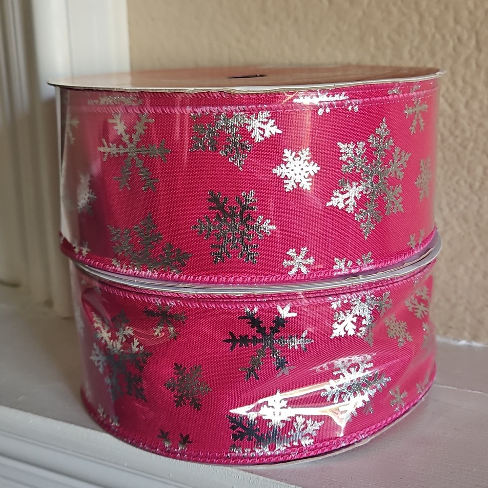 2 Rolls of Celebrate it - Wired Pink with Silver Snowflakes Ribbon